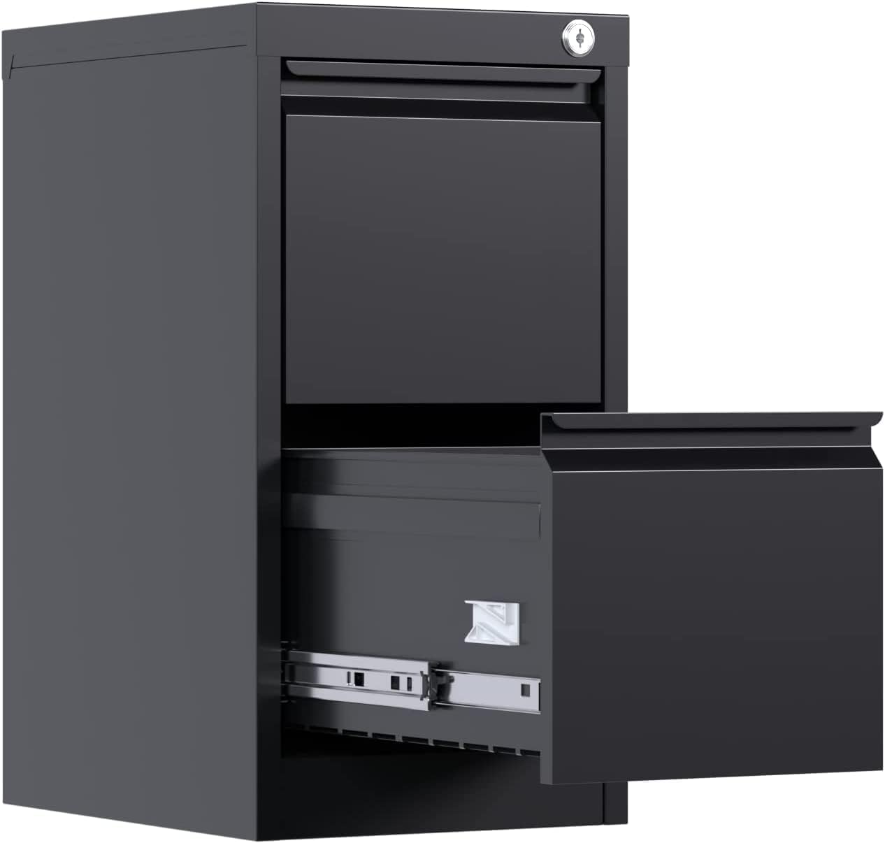 2 Drawer Metal Vertical File Cabinet with Lock, Narrow Filing Cabinet with Hanging Letter/Legal/A4 Folders for Home, Office, Assembly Required, Black, 2 Drawers