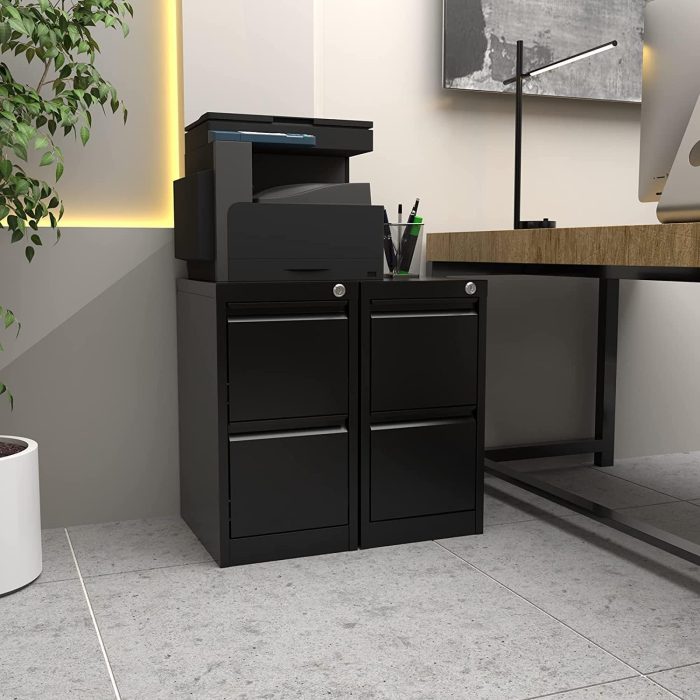 2 Drawer Metal Vertical File Cabinet with Lock, Narrow Filing Cabinet with Hanging Letter/Legal/A4 Folders for Home, Office, Assembly Required, Black, 2 Drawers - Image 2