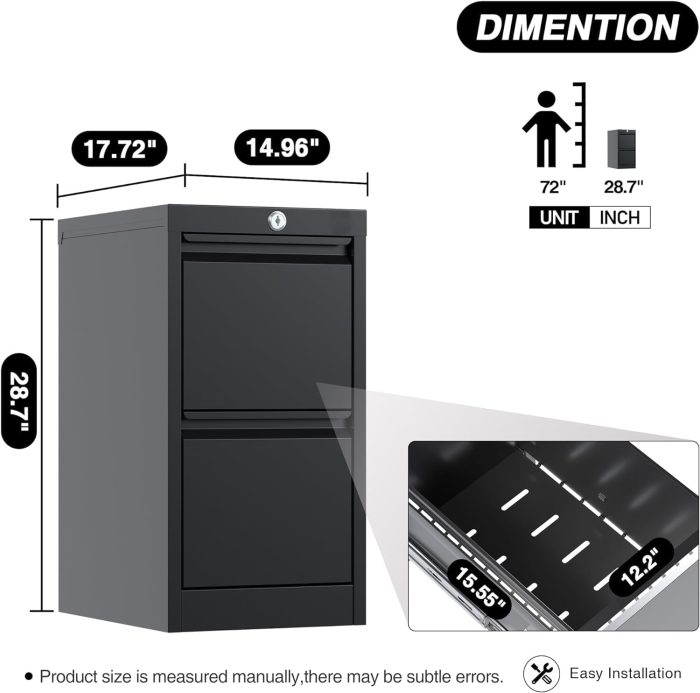 2 Drawer Metal Vertical File Cabinet with Lock, Narrow Filing Cabinet with Hanging Letter/Legal/A4 Folders for Home, Office, Assembly Required, Black, 2 Drawers - Image 3