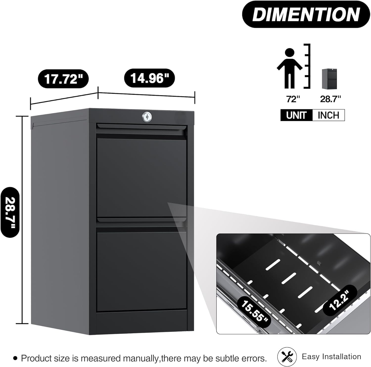 2 Drawer Metal Vertical File Cabinet with Lock, Narrow Filing Cabinet with Hanging Letter/Legal/A4 Folders for Home, Office, Assembly Required, Black, 2 Drawers - Image 3