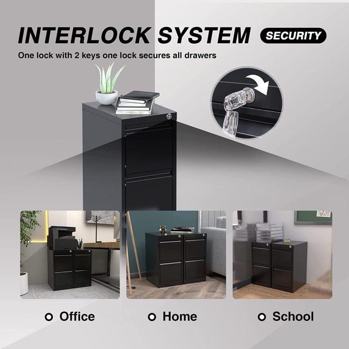 2 Drawer Metal Vertical File Cabinet with Lock, Narrow Filing Cabinet with Hanging Letter/Legal/A4 Folders for Home, Office, Assembly Required, Black, 2 Drawers - Image 6
