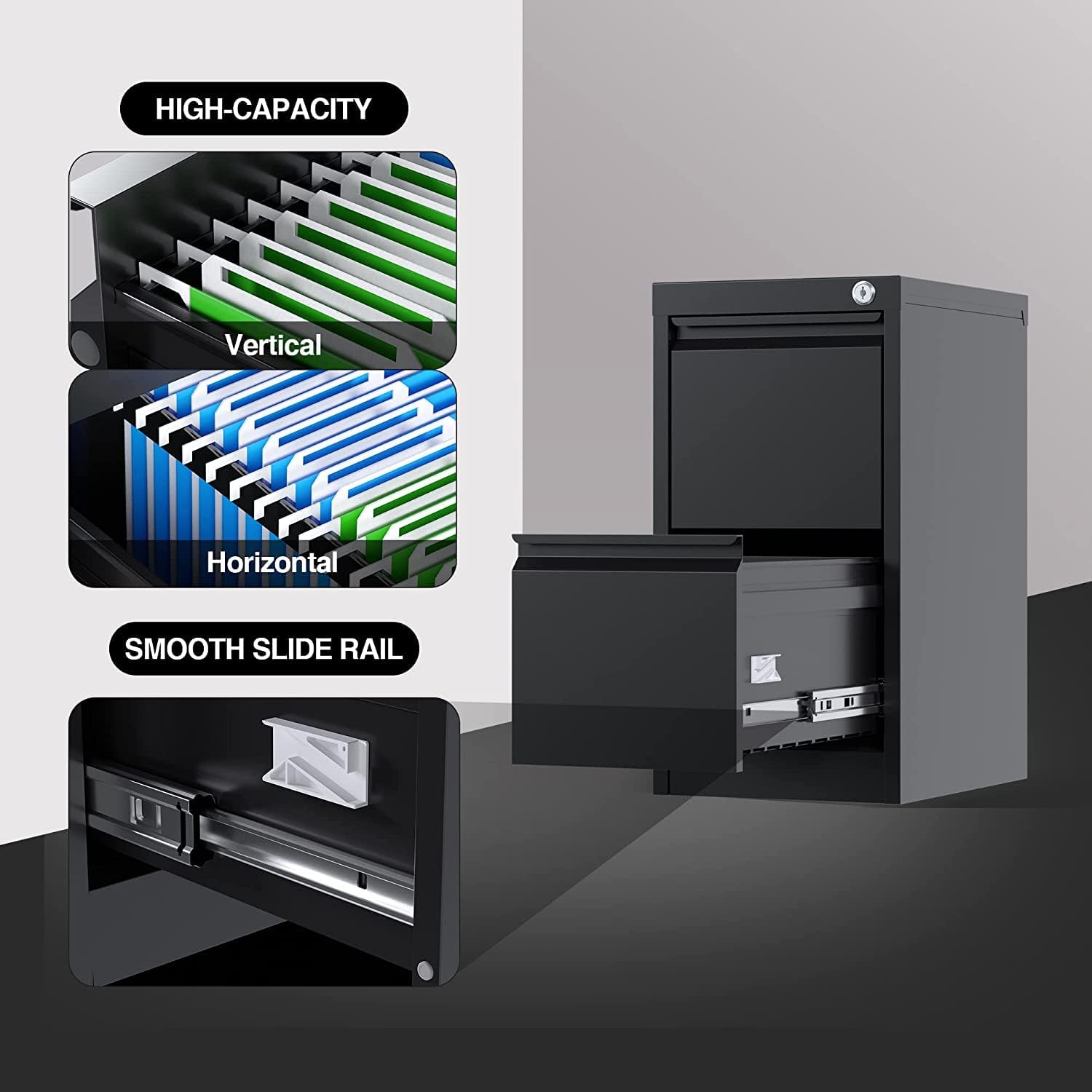 2 Drawer Metal Vertical File Cabinet with Lock, Narrow Filing Cabinet with Hanging Letter/Legal/A4 Folders for Home, Office, Assembly Required, Black, 2 Drawers - Image 7