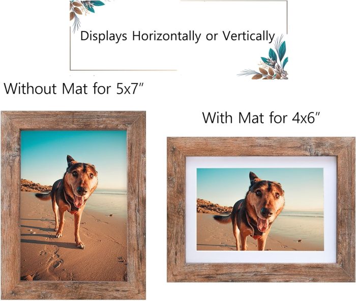 Califortree 5x7 Picture Frame - Can Display Photo 4x6 with Mat, Wood Frame with Shatterproof Plexiglass, Horizontal and Vertical Display for Wall and Tabletop, Rustic Brown - Image 2