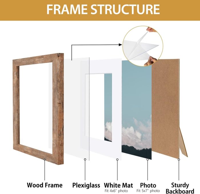 Califortree 5x7 Picture Frame - Can Display Photo 4x6 with Mat, Wood Frame with Shatterproof Plexiglass, Horizontal and Vertical Display for Wall and Tabletop, Rustic Brown - Image 3