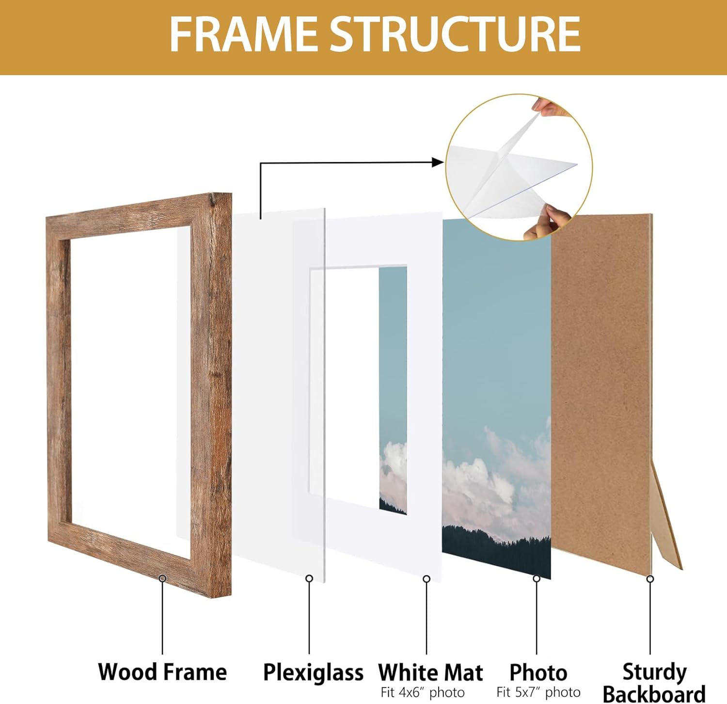 Califortree 5x7 Picture Frame - Can Display Photo 4x6 with Mat, Wood Frame with Shatterproof Plexiglass, Horizontal and Vertical Display for Wall and Tabletop, Rustic Brown - Image 3